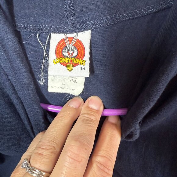 VTG Looney Tunes Embroided Tweety Hooded Sweatshirt Women L Navy Blue 1/4 Sleeve - Picture 10 of 10